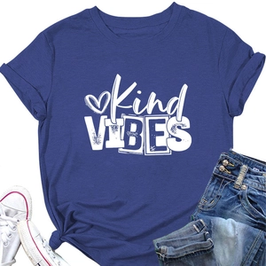 Detail of navy blue crew neck T-shirt with Kind VIBES print and stylish side knot design