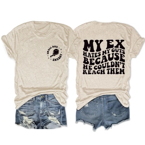 Detail showing front and back of women's casual t-shirt with slogan and denim shorts