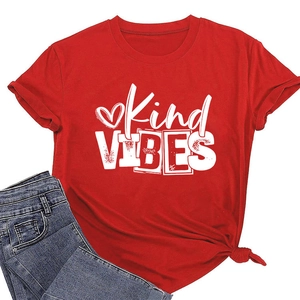 Detail of red cotton T-shirt featuring Kind VIBES text print and a trendy knotted waist hem