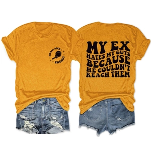Detail of orange cotton T-shirt featuring creative back print and front graphic slogan