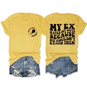 Detailed back and front view of yellow t-shirt with black bold graphic print text