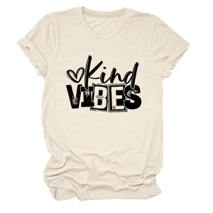 Detail of Kind VIBES script and heart graphic on cream cotton crew neck t-shirt