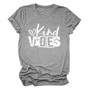 Close-up of gray cotton T-shirt featuring white Kind VIBES print and heart graphic
