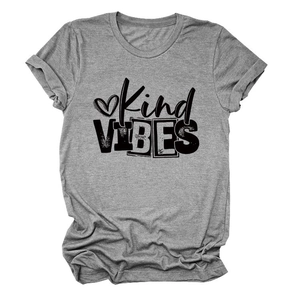 Detail of grey short sleeve t-shirt featuring Kind VIBES text and heart graphic print
