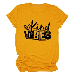 Detail of soft yellow cotton t-shirt featuring Kind VIBES print and heart graphic