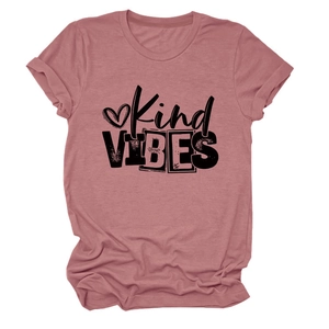 Detail of Kind VIBES slogan and heart graphic on dusty pink cotton crew neck T-shirt