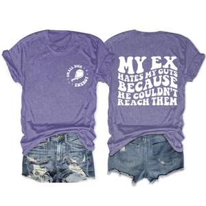 Front and back view of purple crew neck T-shirt with white retro slogan prints