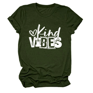 Detail of forest green cotton t-shirt featuring Kind Vibes print and rolled sleeve cuffs