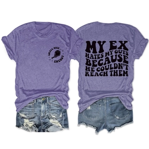 Flat lay of purple slogan t-shirt and distressed denim shorts showing front and back