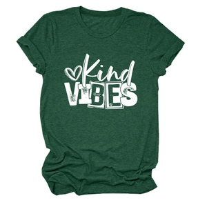 Detail shot of the Kind VIBES print on dark green crew neck short sleeve cotton T-shirt