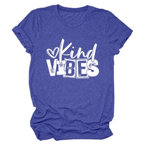 Close-up of the royal blue heather fabric and Kind Vibes graphic print on the cotton T-shirt