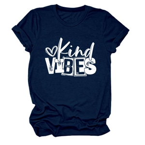 Detail of Kind Vibes text print and heart graphic on navy blue short sleeve t-shirt
