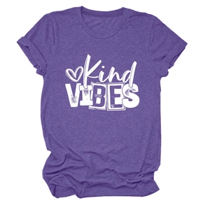 Detail of Kind VIBES text and heart graphic on purple heathered cotton t-shirt