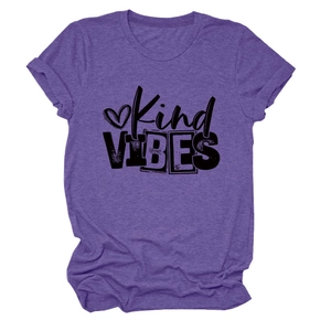 Detail of Kind Vibes print and heart motif on a heather purple round neck t-shirt