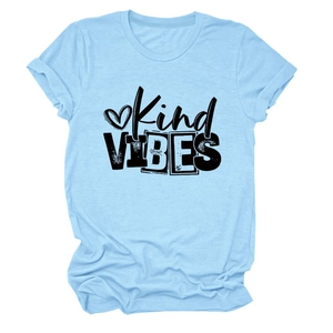 Light blue crew neck t-shirt with Kind Vibes slogan and heart print on white background