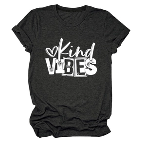 Detailed flat lay of charcoal grey crew neck t-shirt with Kind VIBES vintage graphic print