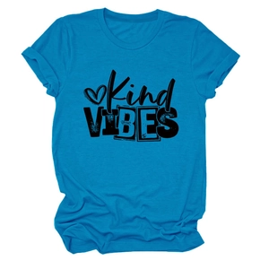 Detail of blue cotton T-shirt featuring Kind VIBES typography and heart graphic print