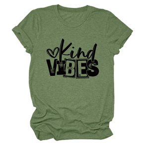 Detail of army green crewneck t-shirt featuring Kind VIBES print and heart graphic