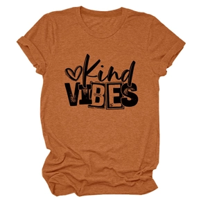 Detail of Kind VIBES print on caramel crew neck cotton blend t-shirt with rolled sleeves