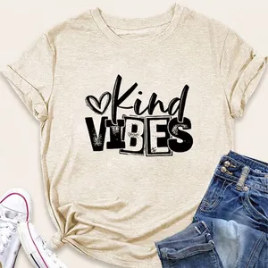 Women Casual Cotton Blend T-Shirt Kind Vibes Letter Heart Print Round Neck Short Sleeve Summer Loose Daily Tee Top