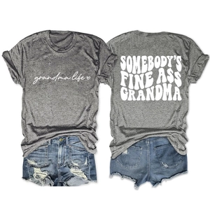 Front and back view of gray Grandma Life t-shirt with Somebody's Fine Ass text detail