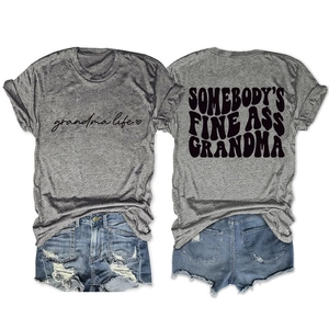 Detailed front and back view of gray 'Grandma Life' slogan t-shirt with denim shorts