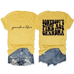 Detailed front and back view of ginger yellow grandma life t-shirt with black typography