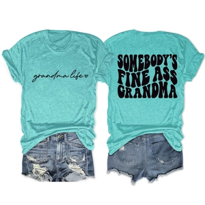 Front and back detail of turquoise t-shirt with grandma life and slogan prints