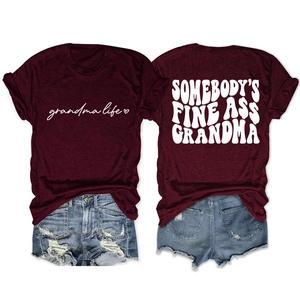 Front and back detail of a wine red crew neck T-shirt with white grandma life graphics