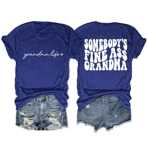Detail of navy cotton T-shirt featuring Grandma Life print and Somebody's Fine Ass text