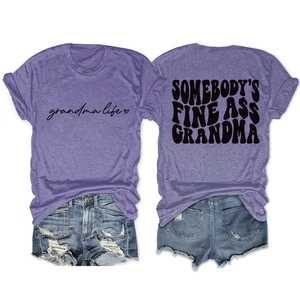Front and back detail of purple Grandma Life graphic tee with denim shorts combo