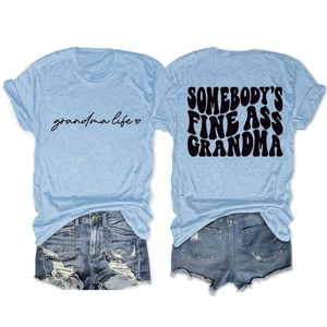 Light blue grandma life t-shirt and ripped denim shorts set shown from front and back