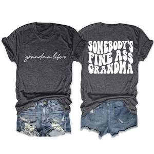 Detailed front and back view of a dark grey graphic t-shirt with white script lettering