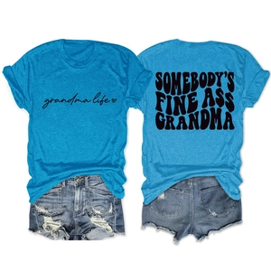 Detailed front and back view of blue grandma life graphic tee with denim shorts