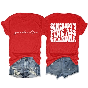 Flat lay of red cotton t-shirt with grandma life script and vintage graphic print back