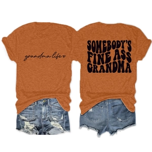 Detail of orange cotton t-shirt featuring Somebody's Fine Ass Grandma graphic print