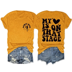 Detailed front and back view of ginger orange T-shirt with My Heart Is On That Stage print