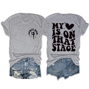 Front and back view of grey Dance Mom t-shirt featuring artistic stage text and heart