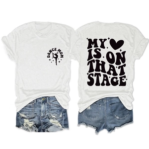 Detail view of Dance Mom graphic print on white cotton T-shirt with vintage art text