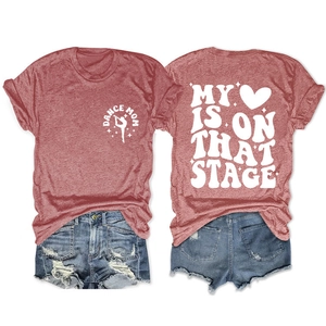 Detail of vintage back print My Heart Is On That Stage on red casual cotton t-shirt