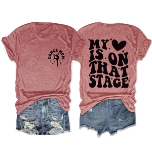 Front and back detail of brick red Dance Mom T-shirt with My Heart Is On That Stage print