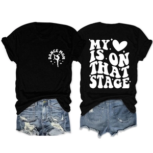 Front and back detail of black cotton T-shirt featuring Dance Mom and stage print