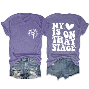 Detailed front and back view of purple Dance Mom T-shirt paired with denim shorts