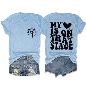 Front and back view of light blue cotton T-shirt with Dance Mom print and denim shorts