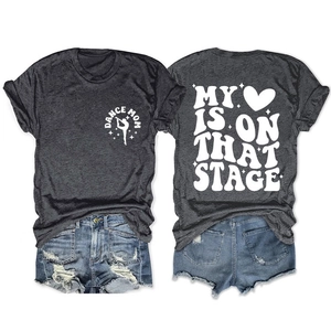 Detail view of charcoal t-shirt featuring Dance Mom print and back graphic lettering