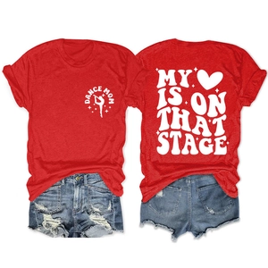 Detailed front and back view of red cotton T-shirt with Dance Mom print and denim shorts