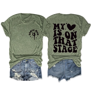 Front and back detail of grey t-shirt with My Heart Is On That Stage slogan and denim shorts