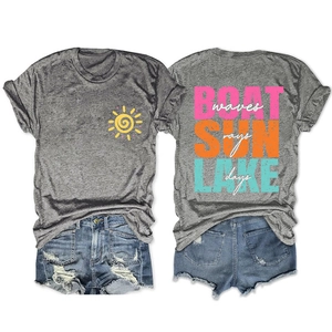 Front and back view of heather grey T-shirt with boat lake and sun rays graphic print