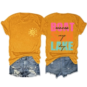 Women's yellow t-shirt and ripped denim shorts set with Boat Waves Sun Rays Lake Days print