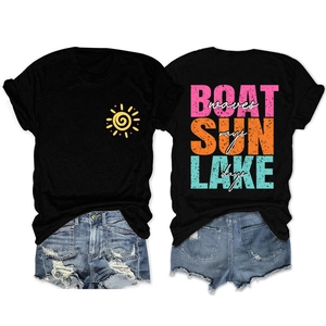 Detailed back view of casual t-shirt featuring boat sun lake waves graphic print